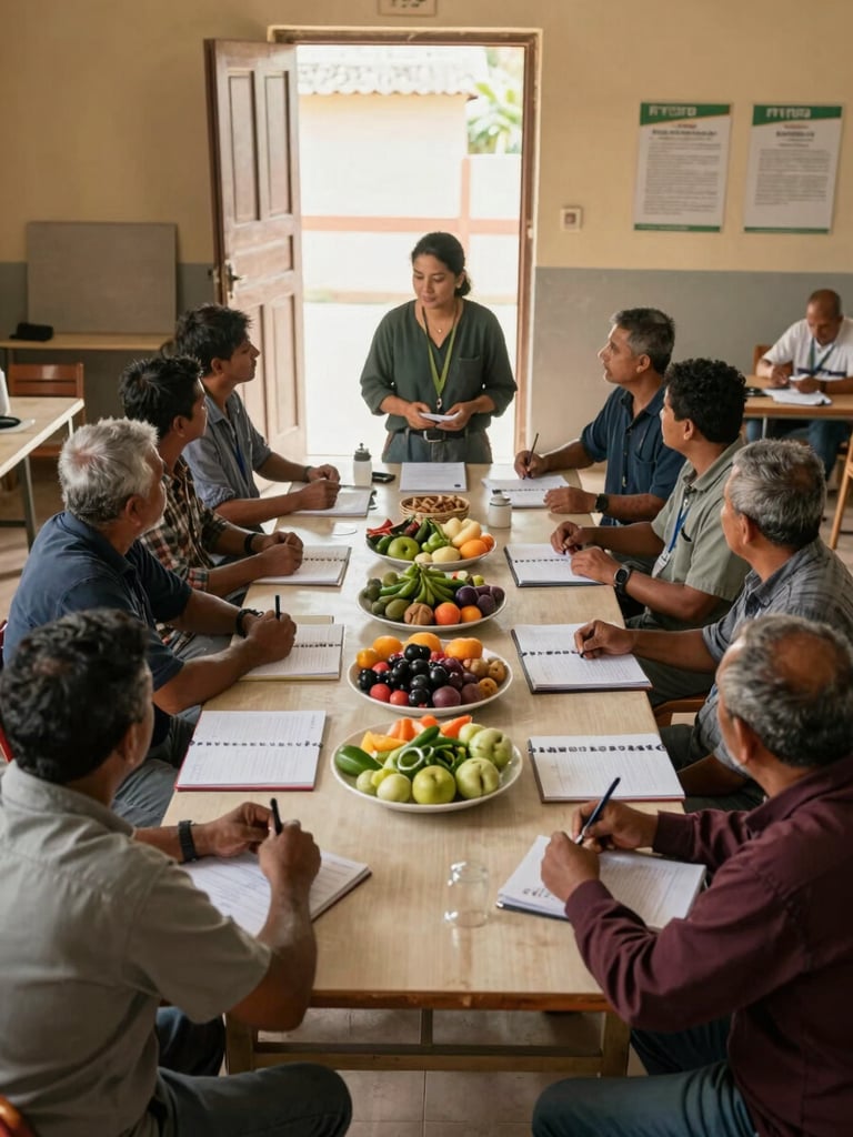 Overhead wide shot of an FPO meeting in a village hall — farmers and a program coordinator seated around a table covered with produce samples and ledger books, warm incandescent indoor light mixed with daylight from a side door, documentary framing showing active deliberation and agency