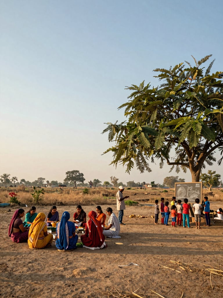 Wide environmental shot of a rural Indian village common ground at golden hour — women in a skill workshop circle to the left, a farmer presenting crop samples to a small group in the mid-ground, children gathered around a chalkboard under a neem tree to the right, diffuse warm late-afternoon light, documentary framing with generous sky above and open landscape receding behind