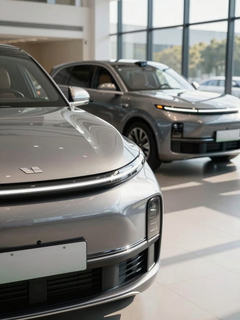 Close-up of a modern, clean automotive showroom floor with a luxury electric vehicle in the background, bright daylight streaming through floor-to-ceiling windows, high-contrast crisp details.