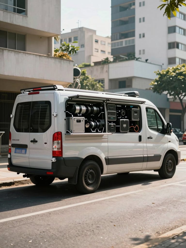 Wide environmental shot of a professional technical service vehicle parked on a clean street in Vila Madalena, bright morning light, sharp focus on the organized equipment, no people.