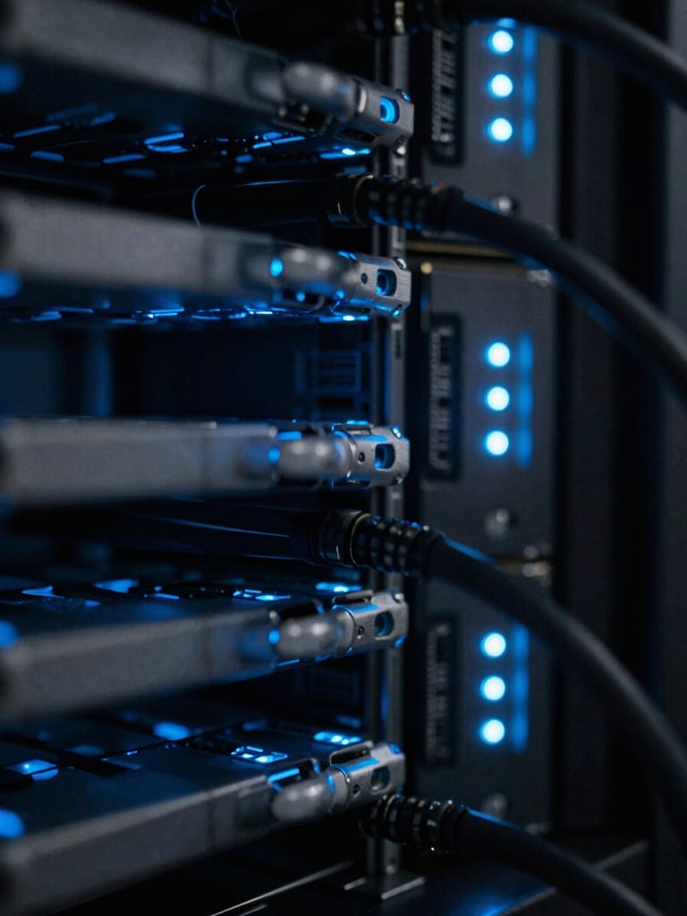 Macro close-up of high-performance server rack cabling, cool blue indicator lights reflecting on brushed metal, sharp focus, low-key technical photography, 35mm