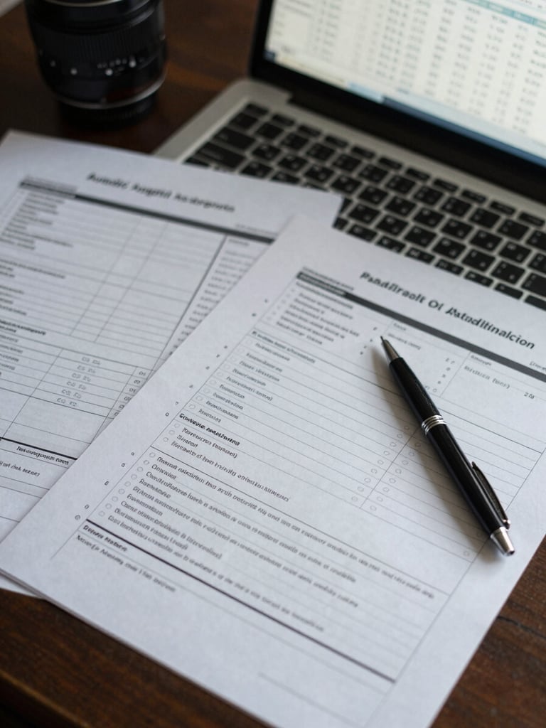 Overhead close-up of a desk with printed audit trail documents, a laptop showing data audit logs, a pen resting beside a compliance checklist, cool even fluorescent light, no people, regulatory documentation workflow
