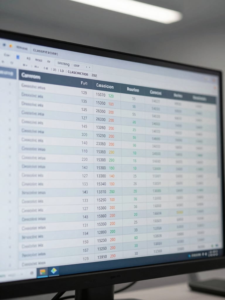 Close-up of a monitor screen showing a data classification dashboard with structured rows of personal information fields, category labels, and retention flags, cool overhead light, no people, clinical workspace
