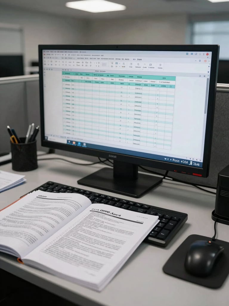 Wide overhead shot of a compliance workstation under cool fluorescent office light — a large monitor displaying data audit trail logs, printed DPDP Act documentation open beside a keyboard, precise and institutional, no people visible