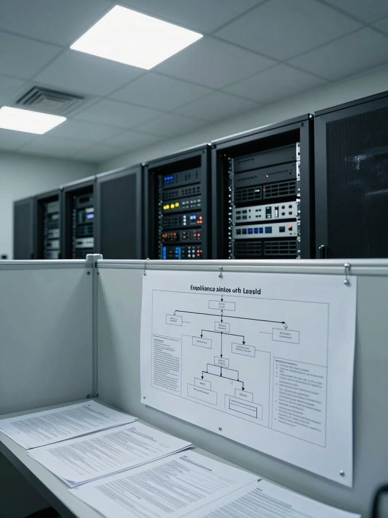 Wide overhead shot of a server infrastructure operations room under even fluorescent ceiling light — rack-mounted equipment visible in the background, a compliance architecture diagram pinned to a wall-mounted board in the foreground, printed regulation documents stacked on a surface below, no people present, clinical and precise atmosphere
