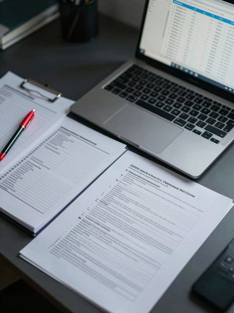 Overhead close-up of a compliance audit workstation under cool fluorescent office light — printed DPDP Act requirement documents spread across a dark desk, a laptop screen displaying data classification audit trails, a red-capped pen resting on an open checklist binder, sharp shadows from above