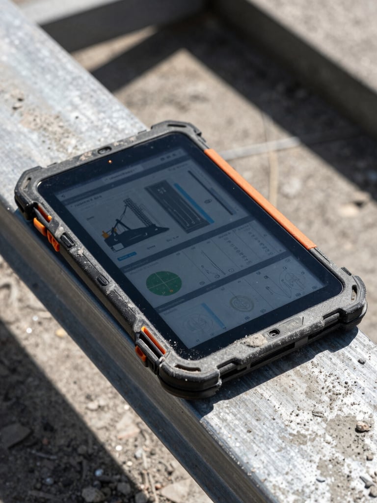 High-contrast portrait shot of a ruggedized tablet covered in concrete dust resting on a steel beam, displaying active jobsite productivity charts under harsh midday sun