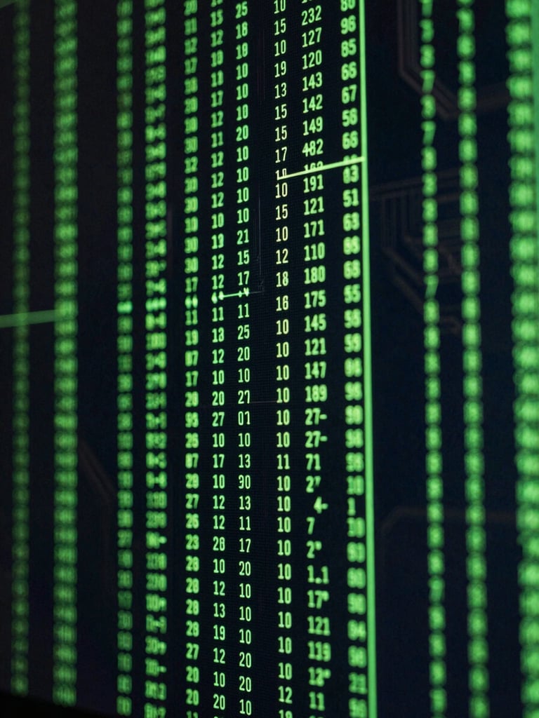 Extreme close-up of cascading data streams on a dark HUD terminal screen, neon green characters and pipeline metrics flowing vertically, deep black background with circuit-board geometry visible in periphery, cinematic backlight glow, no faces