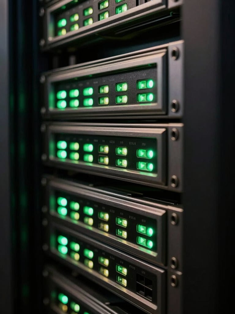 Extreme close-up of a server rack interface panel, neon green status LEDs casting harsh backlight across brushed metal chassis, deep shadow zones framing the hardware, cinematic low-key lighting, no visible text