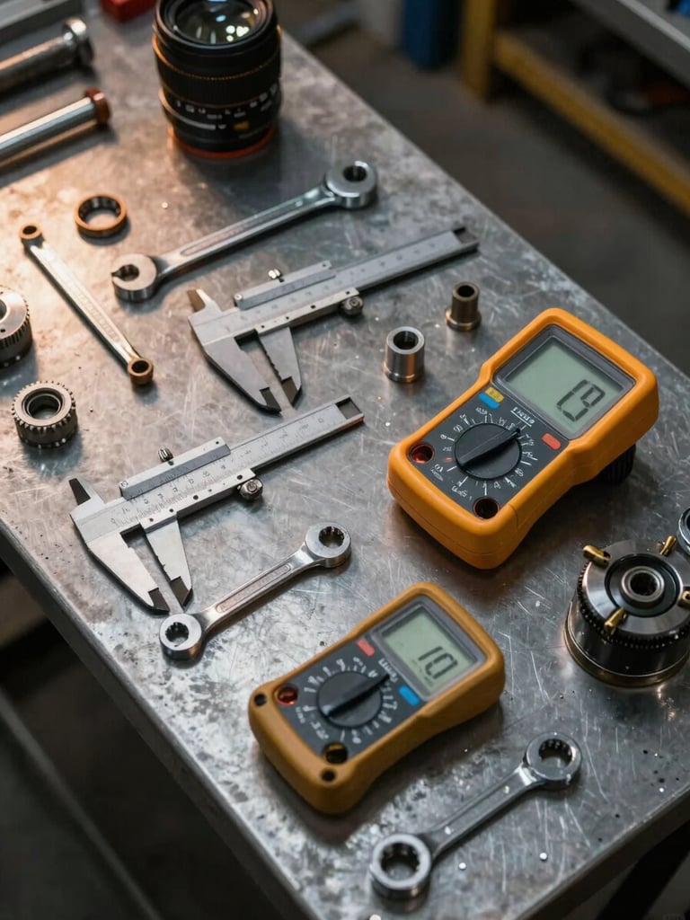 Overhead flat-lay of diagnostic tools arranged on a steel work surface — calipers, multimeters, torque wrenches, spare mechanical parts — tungsten warm lighting from the side, worn metal textures, industrial shop floor context