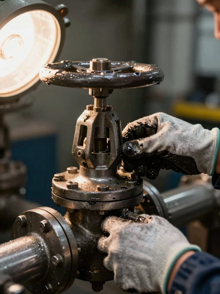 Extreme close-up of a technician's gloved hands adjusting a heavy industrial valve on a steel pipe, tungsten shop lighting from the left casting warm shadows across worn metal surfaces, grease marks visible on the fitting, shallow depth of field with dark machinery background