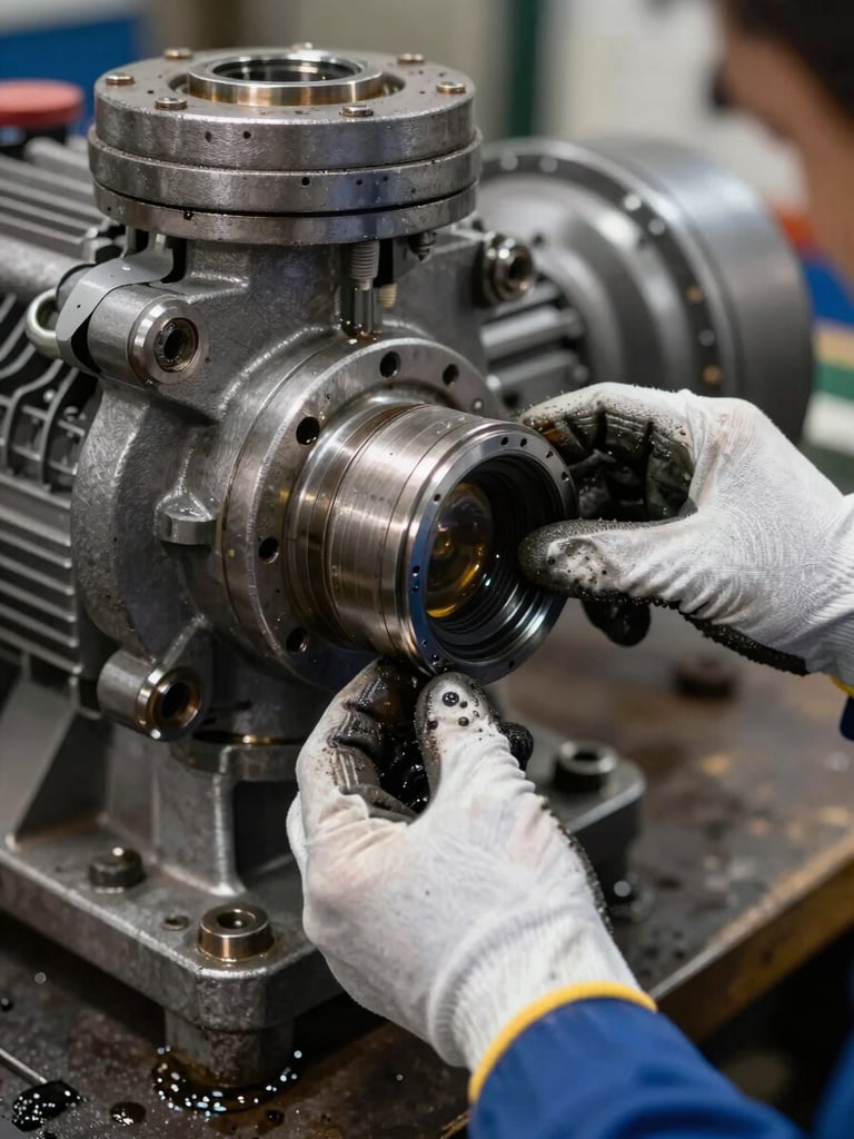 Extreme close-up of a technician's gloved hands adjusting a large industrial pump fitting, heavy steel components, tungsten shop lighting, worn tool marks visible on metal surfaces, grease and grit present on the equipment