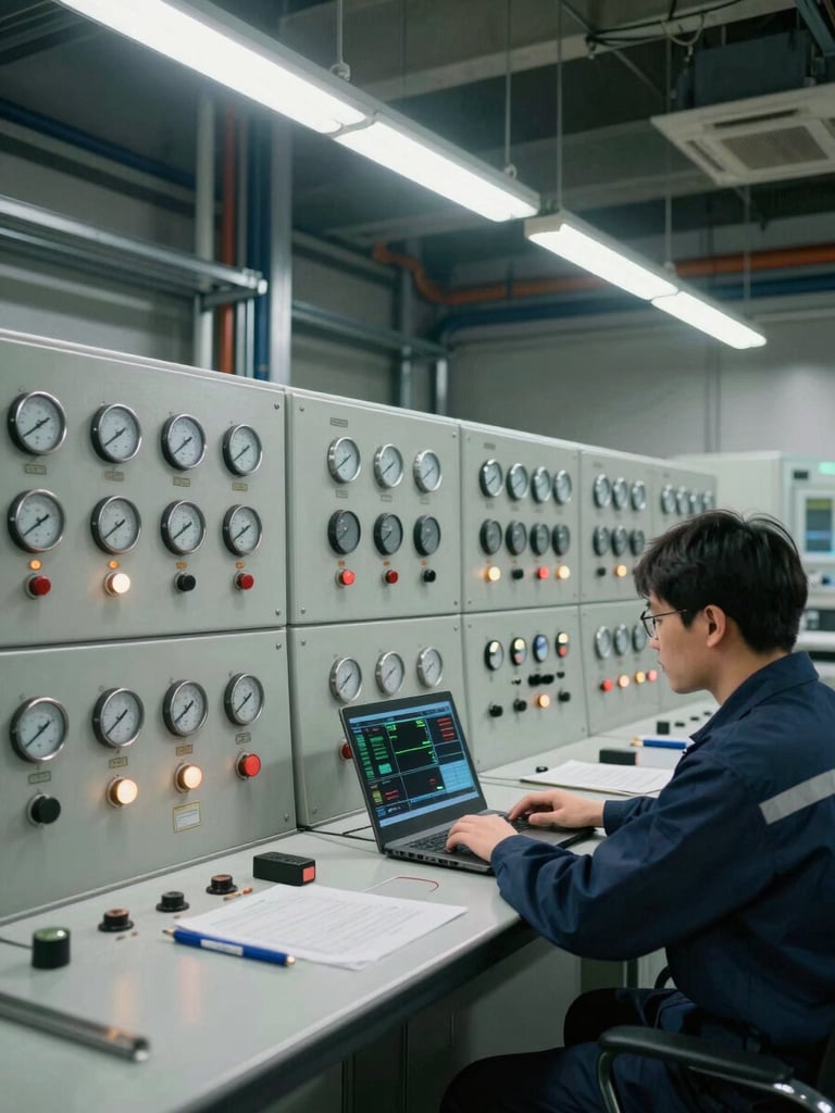Wide environmental shot of an industrial control room, panels of gauges and indicator lights active, a technician in work gear reviewing a diagnostic readout, overhead fluorescent lighting, steel and cable infrastructure visible in background