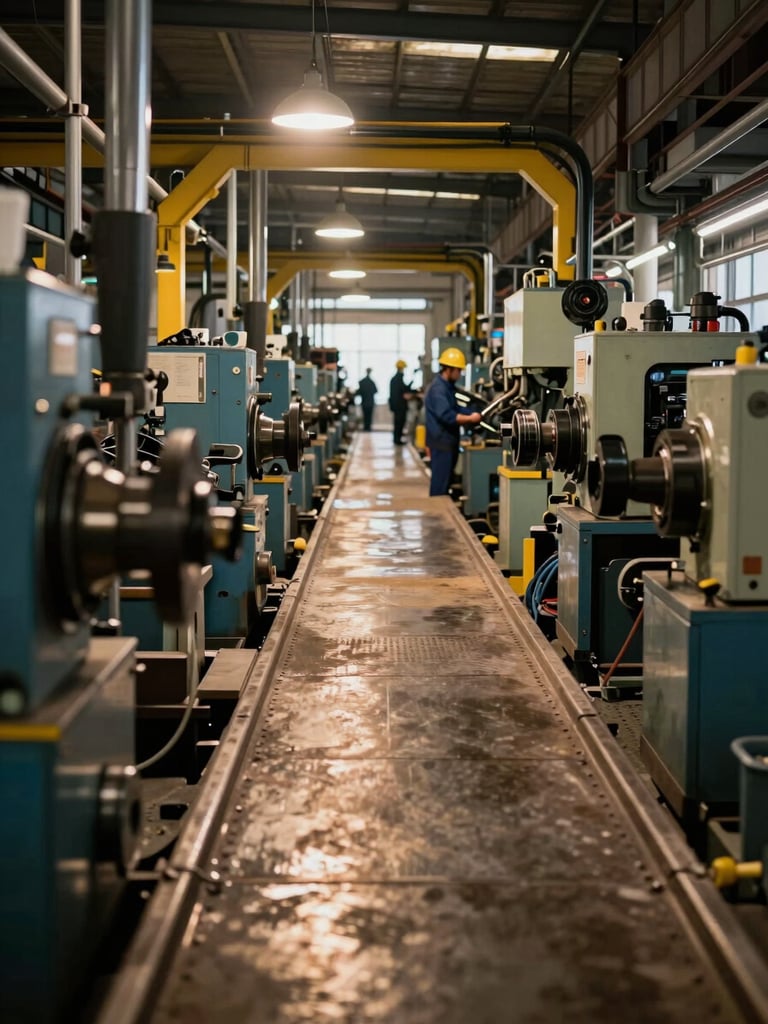 Wide panoramic shot of an active industrial production floor, heavy machinery in motion along assembly lines, tungsten-warm overhead lighting casting amber pools on metal surfaces, workers in hard hats visible mid-distance, low angle framing emphasizing scale and operational intensity