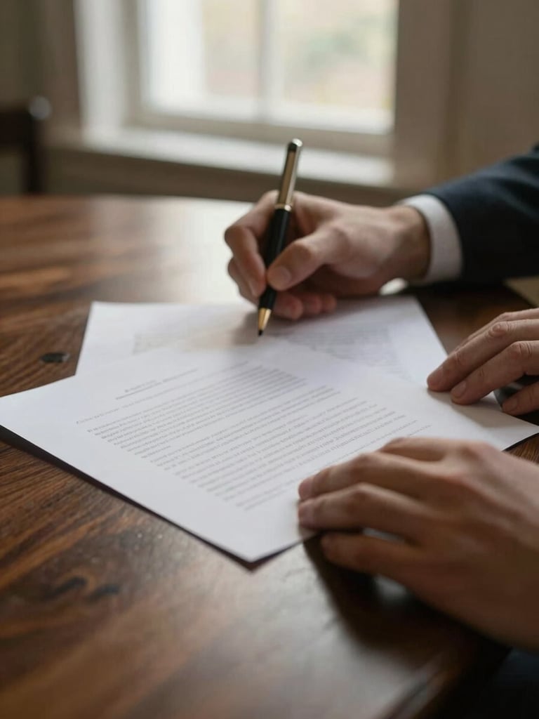 Close-up of hands signing fine textured legal documents on a dark wooden table, warm ambient window light, elegant and quiet atmosphere, shallow depth of field