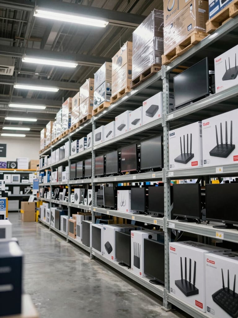 Wide-angle warehouse aisle shot, even overhead fluorescent lighting, floor-to-ceiling metal shelving densely packed with boxed consumer electronics — routers, monitors, peripherals in retail packaging — organized by category, clean concrete floor visible in foreground, no people