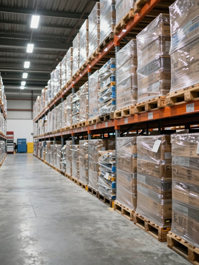 Wide panoramic shot inside a large organized distribution warehouse, rows of stacked pallets and shelved inventory receding into the distance on the right side of the frame, bright even overhead warehouse lighting, clean concrete floor, generous negative space in the left third of the frame