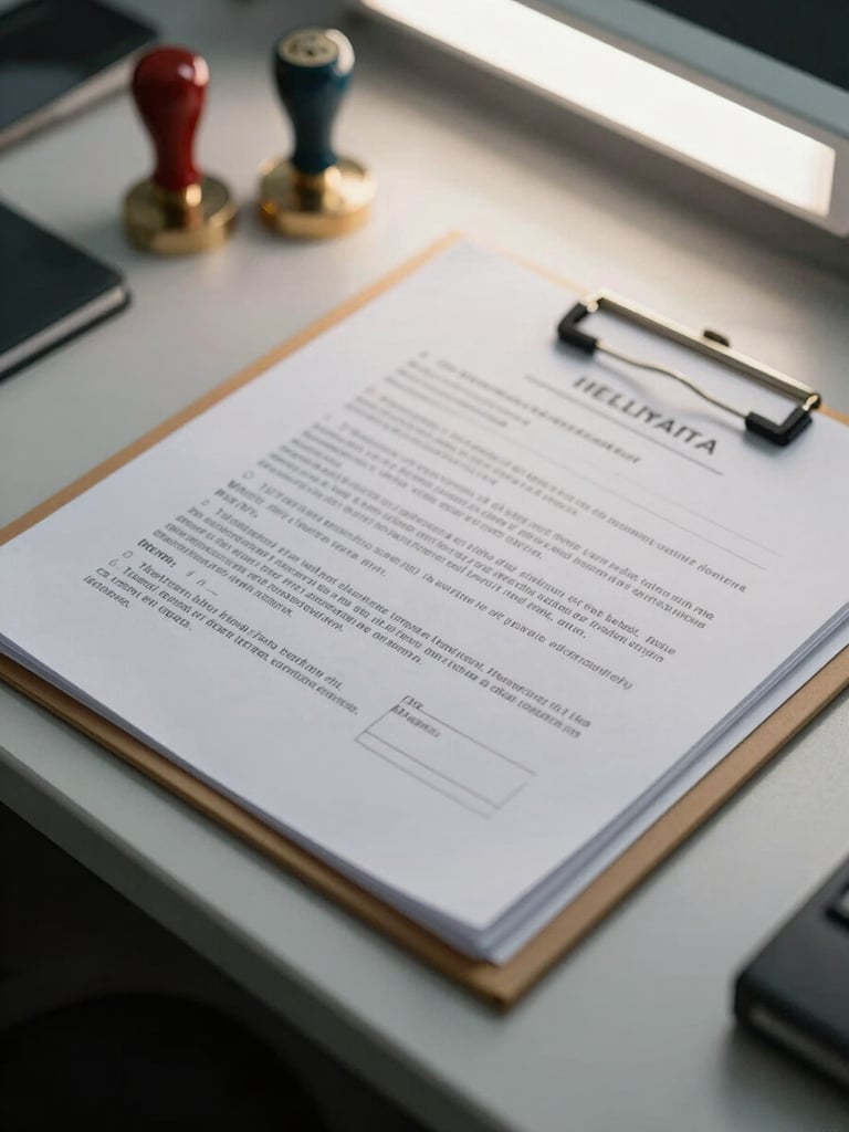 Close-up overhead shot of stamped legal documents and a case file folder on a clean desk under office fluorescent lighting, official seals and date stamps clearly visible, organized with precision, no people