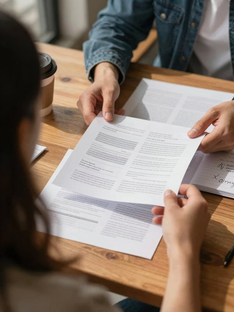 Close-up over-shoulder shot of two people reviewing printed content layouts on a wooden table, warm north-facing daylight from the left, a coffee cup and handwritten notes visible at the edge