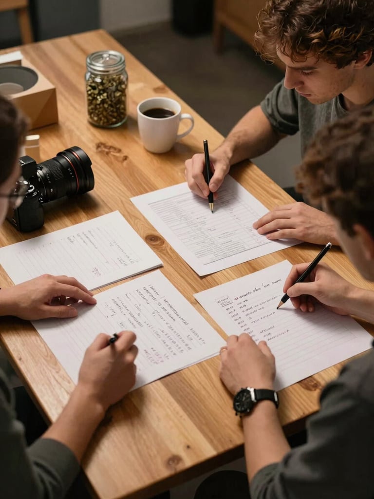 Two people at a wide wooden table reviewing printed content layouts and handwritten notes, warm practical tungsten light from overhead, camera and lenses visible to one side, a coffee cup and a jar of dried herbs in frame—documentary working atmosphere