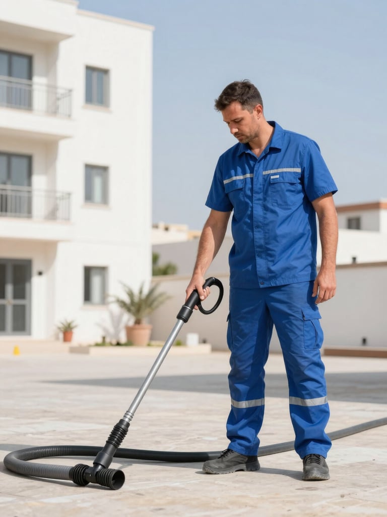 Technicien en uniforme opérant un système de curage haute pression sur un chantier propre, tuyaux visibles, environnement résidentiel moderne à Casablanca, lumière naturelle.