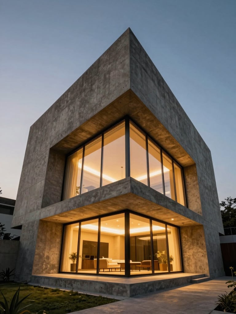 Dramatic low-angle shot of a brutalist luxury concrete villa in Chandigarh at twilight, golden light spilling from expansive floor-to-ceiling glass windows, deep shadows.