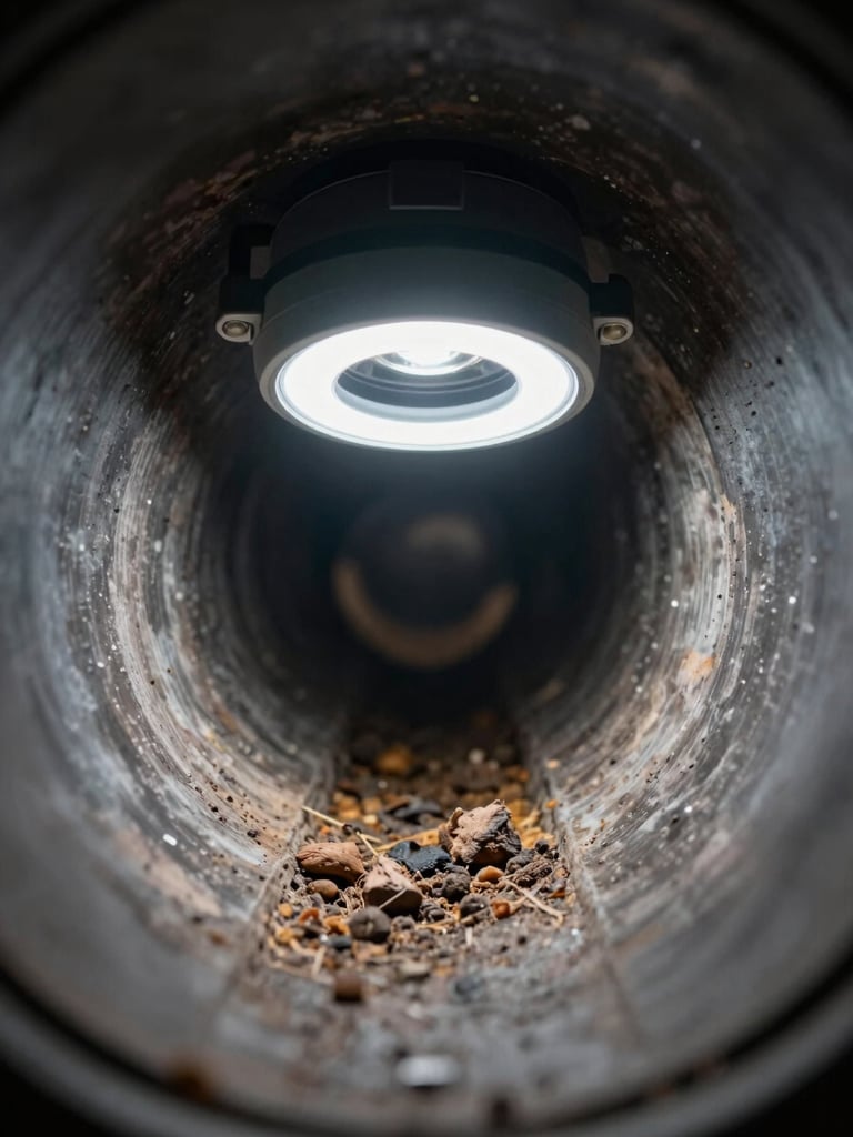 Extreme close-up inside a dark pipe — camera inspection head with LED ring light illuminating a calcified blockage deep in a Brussels residential drain, no person, documentary industrial realism, tight tunnel perspective