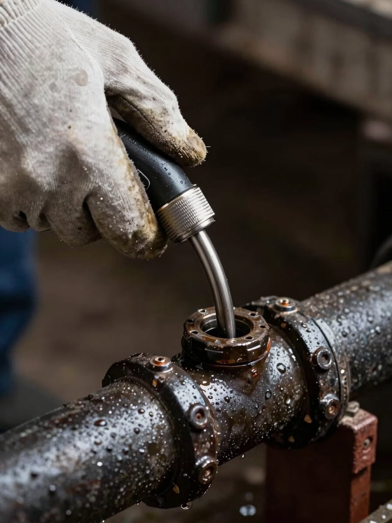 Extreme close-up of a plumber's gloved hands feeding a drain snake into a cast-iron pipe junction under harsh work-light, water residue visible on the pipe surface, dark utilitarian setting
