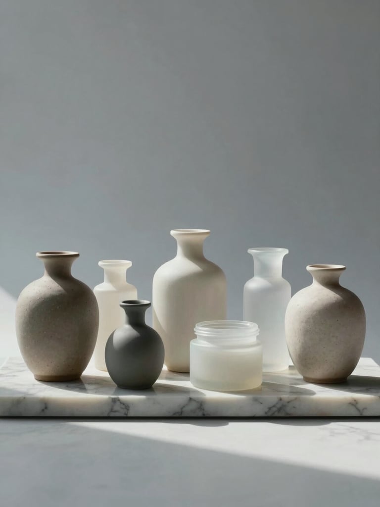 Full environmental shot of a premium skincare product line arranged on a slab of pale marble, six vessels in matte ceramic and frosted glass, shot at extreme wide angle under cool studio daylight, vast negative space above