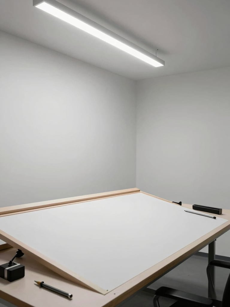 Extreme wide-angle view of a minimal architectural studio interior, empty white walls with one large drafting table, single overhead strip light casting sharp shadows, no people, no objects except precision tools laid flat — framed from the far left edge of the room looking right