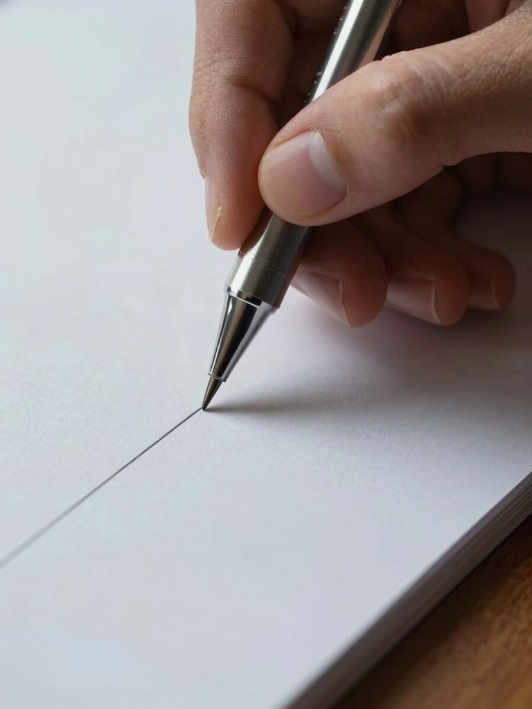 Macro close-up of a designer's hand holding a precise mechanical pencil above a sheet of white paper with a single ruled line, studio strobe lighting from above, no face visible, sharp shadow, cool neutral tone, extreme crop showing only hand and paper edge