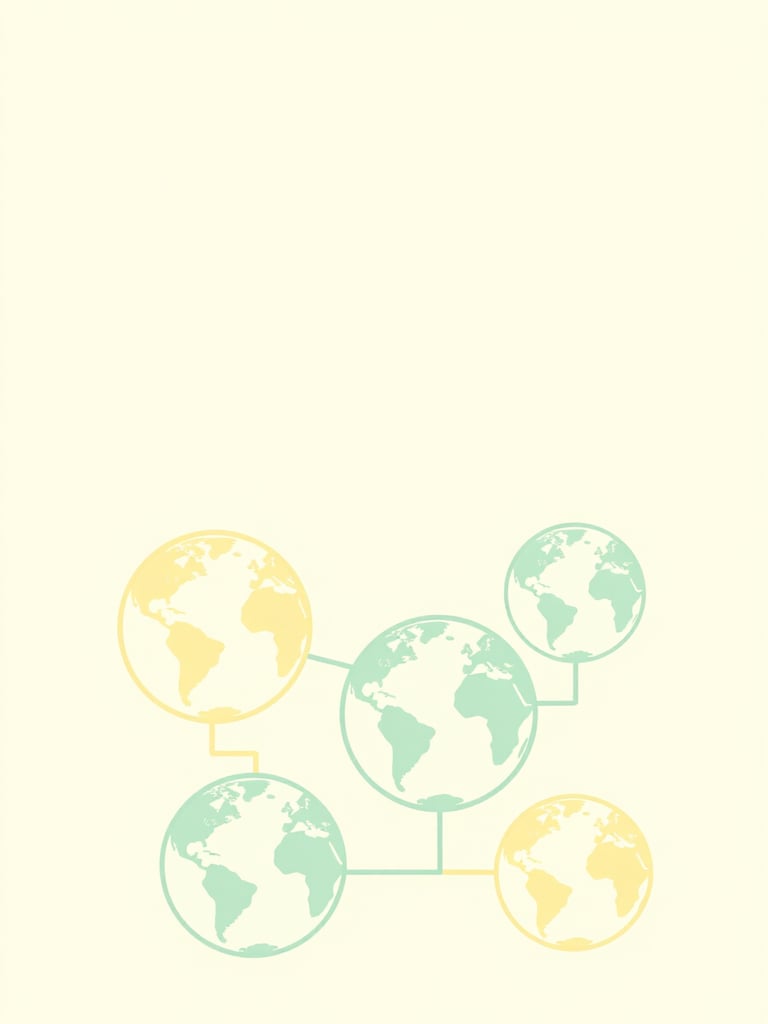 Minimalist flat vector illustration of interconnected pastel globes and clean line-art supply routes, soft cream yellow and mint green tones, generous negative space.