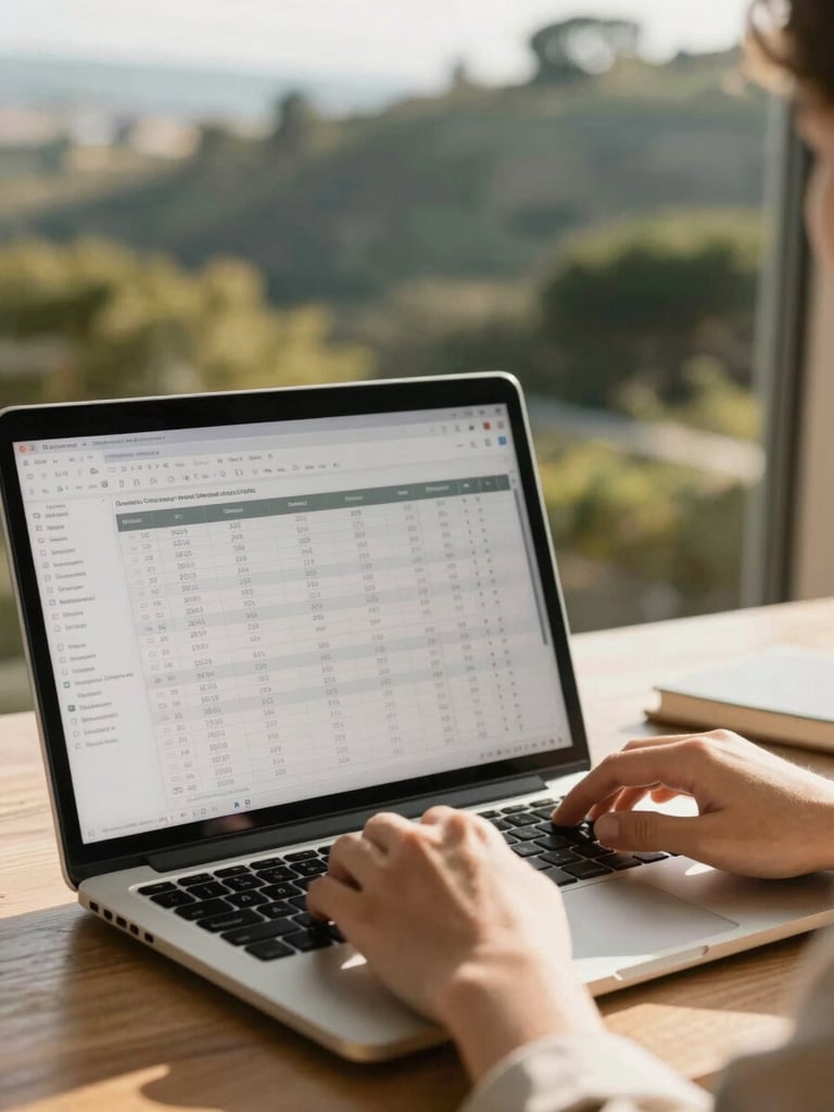 Close-up of hands working on a laptop displaying clean financial spreadsheets in a sunlit Northern California office, warm editorial photography, 35mm
