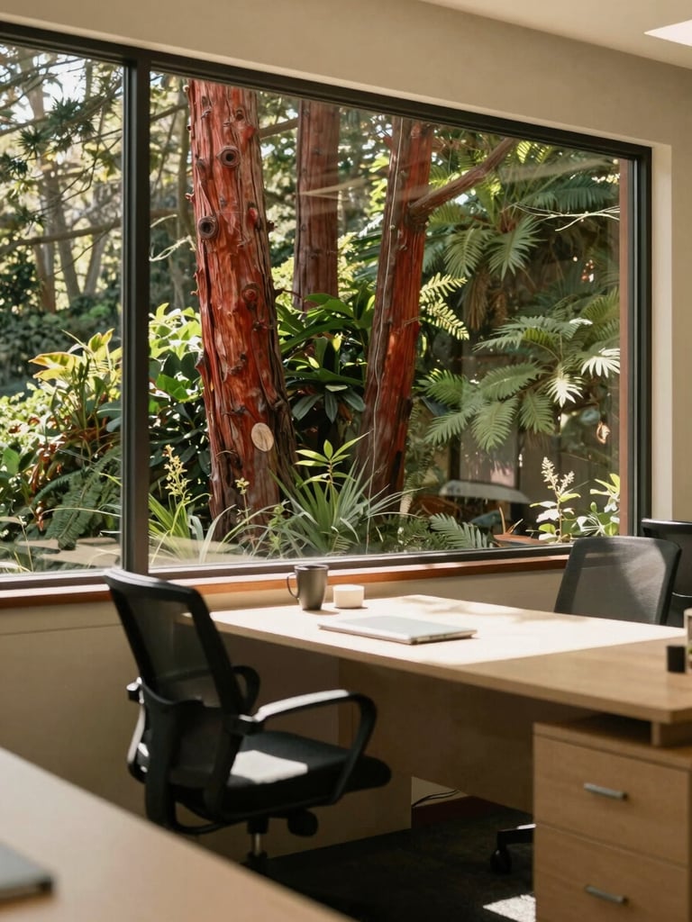 Warm sunlit coastal California office workspace with redwood trees visible through a large window, soft natural daylight, 35mm editorial photography.