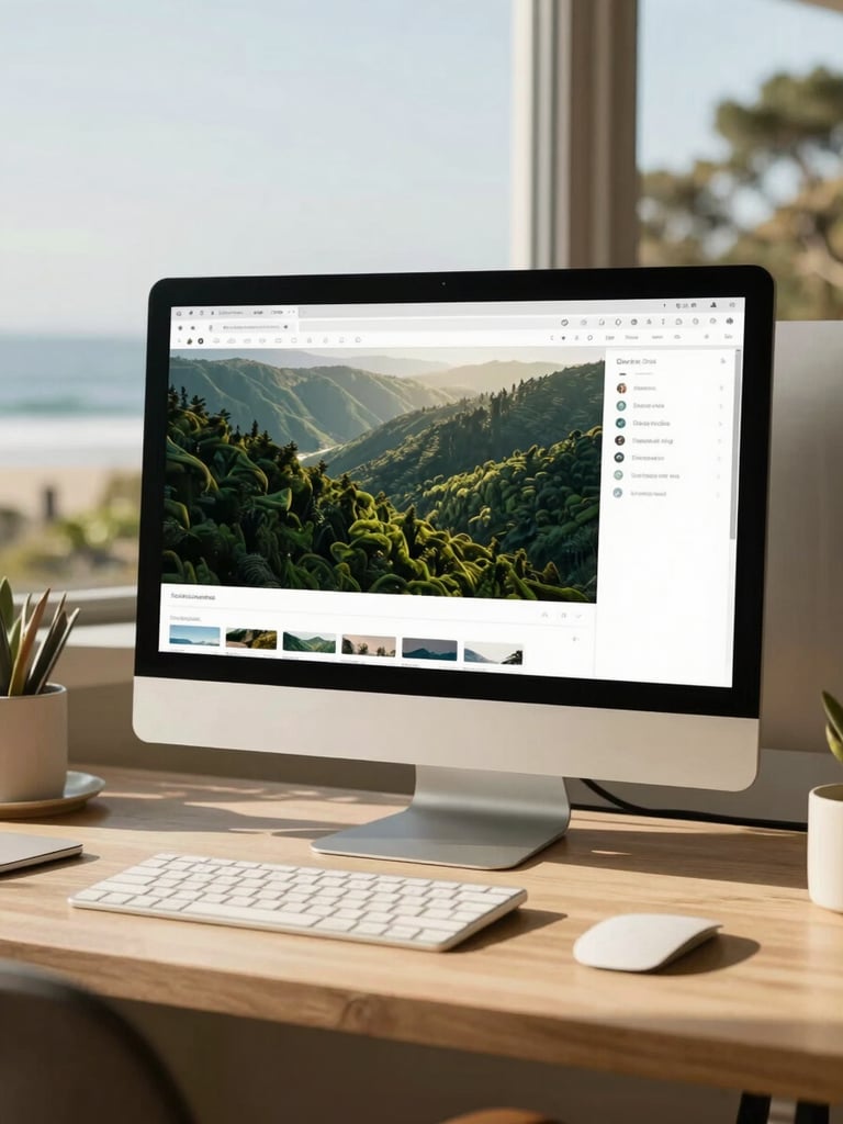 Warm, sunlit California workspace with a custom designed interface on a monitor, soft coastal light, sharp focus