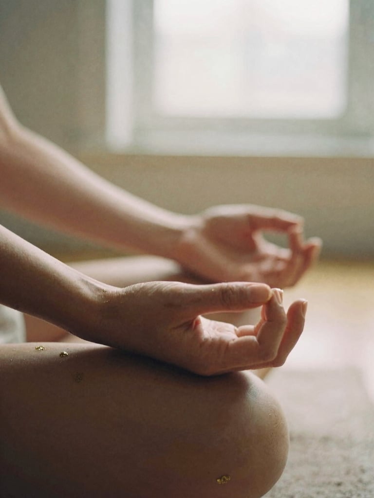Close-up of hands in a mudra gesture, resting on knees, soft natural light, warm earth tones, contemplative atmosphere, 35mm film look.