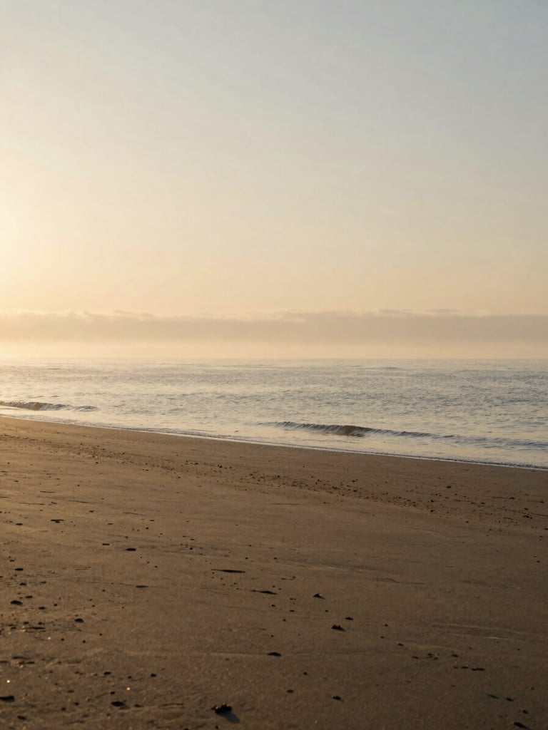 Serene empty beach at the Black Sea during sunrise, soft golden mist over the water, minimal composition, contemplative atmosphere