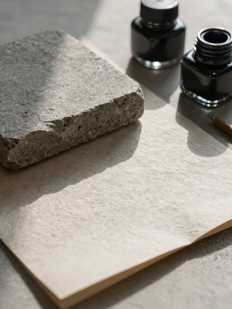 Close-up of raw materials in a sunlit studio, textured handmade paper, a block of solid grey stone, and dark ink wells.
