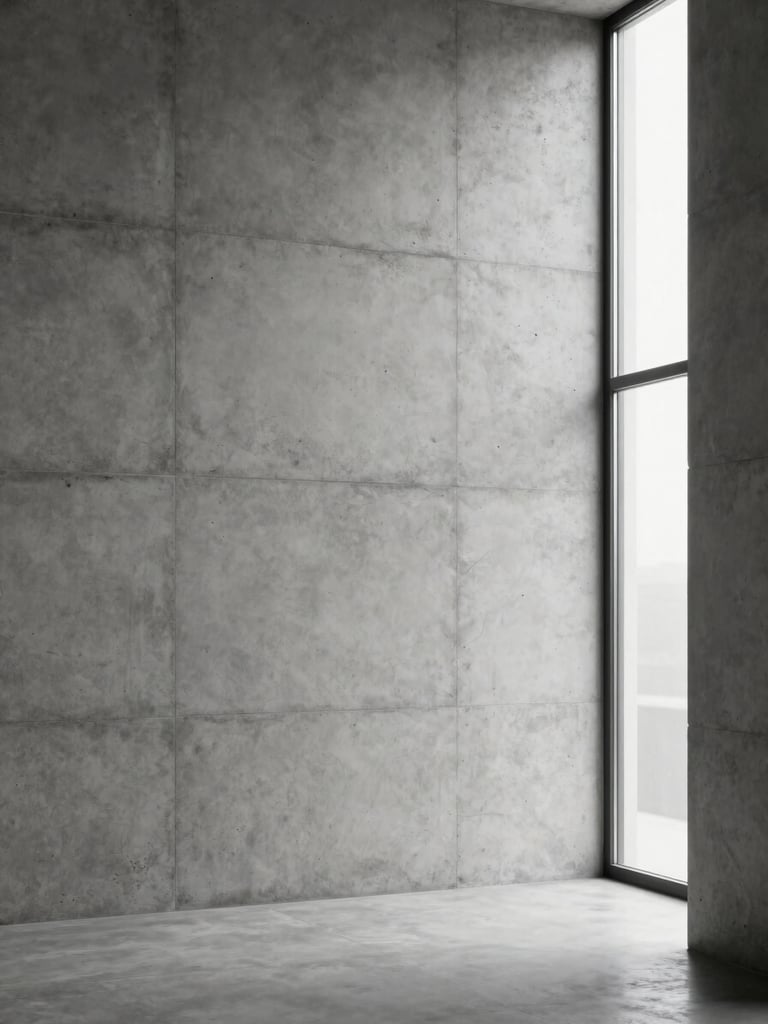 Architectural crop of a minimalist studio interior, raw concrete wall, soft side lighting from a tall window, intentional restraint, portrait aspect.