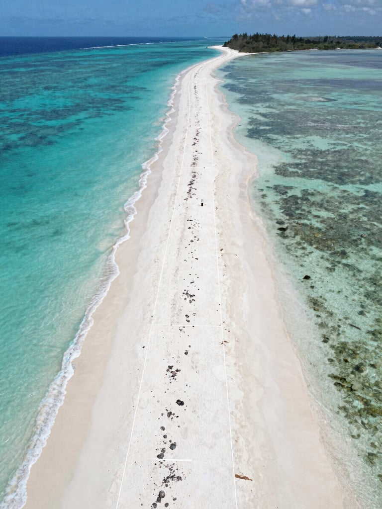 A drone shot of a precisely surveyed coastal land parcel in Zanzibar, with clear boundary lines meeting the white sand and turquoise ocean, bright midday sun