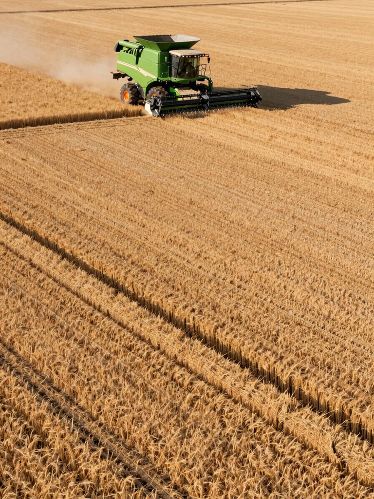 High-angle panoramic view of geometrically perfect grain fields under sharp morning light, clean lines of a modern green combine harvester in the upper third, high-contrast industrial aesthetic.