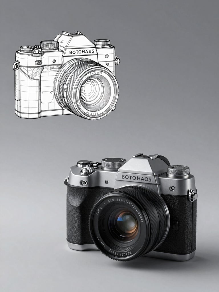 Cinematic studio product shot of a high-end mechanical camera, transitioning from a technical CAD wireframe on the left to a photorealistic textured model on the right, sharp directional key lights, 8k resolution.