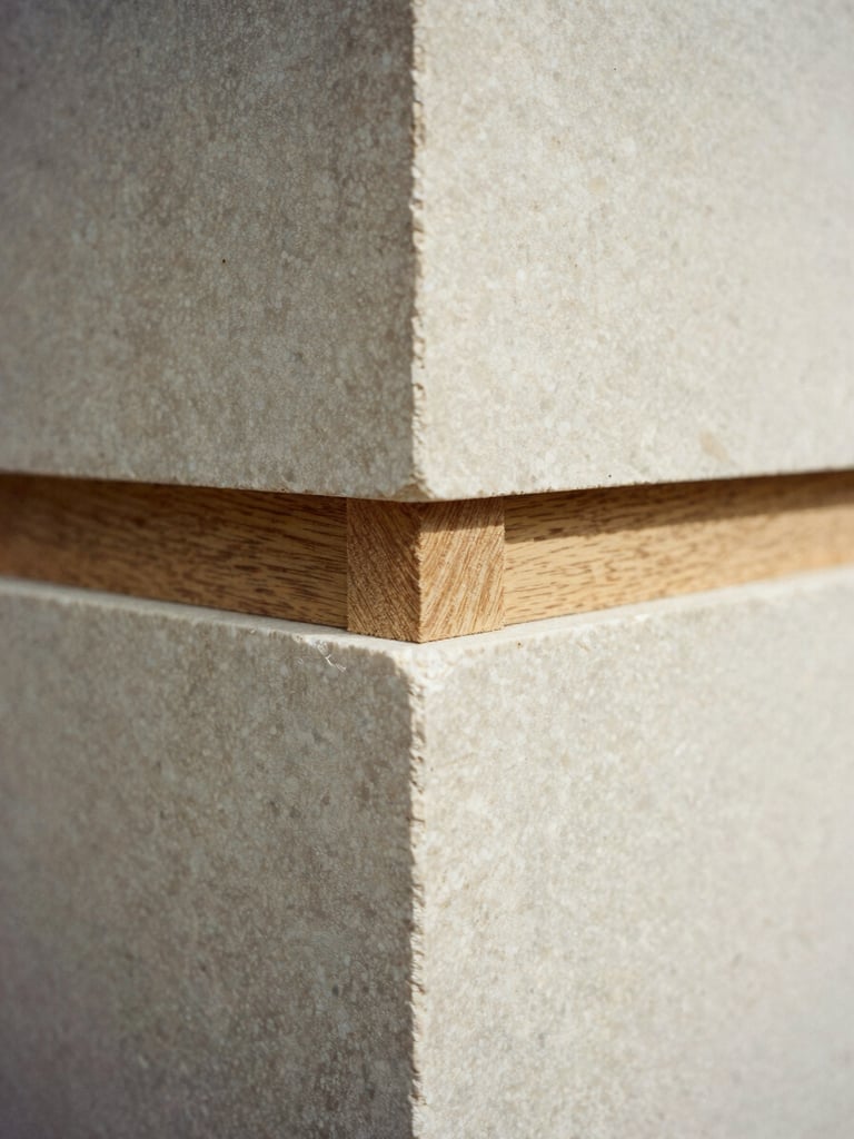 Extreme close-up of a perfectly aligned timber joint, raw oak meeting honed limestone, natural directional daylight, sharp focus on materiality