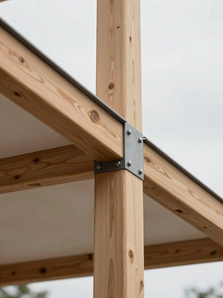 Close-up of a perfectly crafted timber and steel joint in a modern building, soft diffused natural light, editorial architectural photography