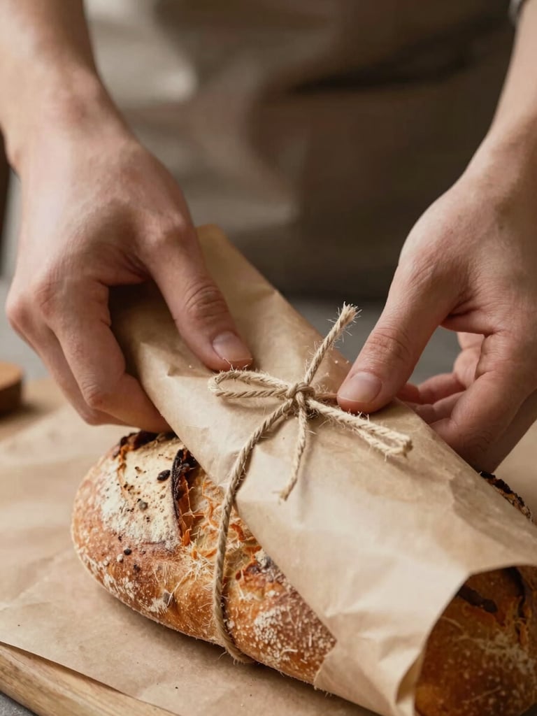 A close-up vertical shot of hands wrapping fresh artisanal bread in brown butcher paper, tied with a simple twine, soft natural lighting.