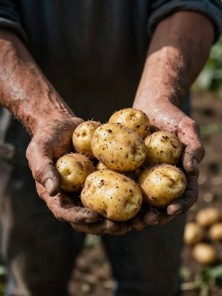 A portrait shot of a farmer's dirt-stained hands holding freshly harvested heirloom potatoes, natural low-key side-lighting with soft, deep shadows, rustic farm background.