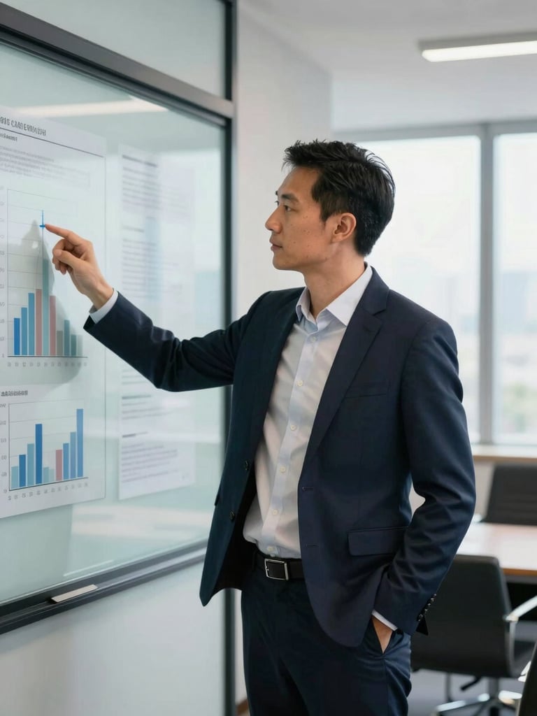 Professional corporate speaker standing by a glass presentation board, pointing at structural business metrics, natural conference room lighting, deep navy tones, sharp focus, editorial style