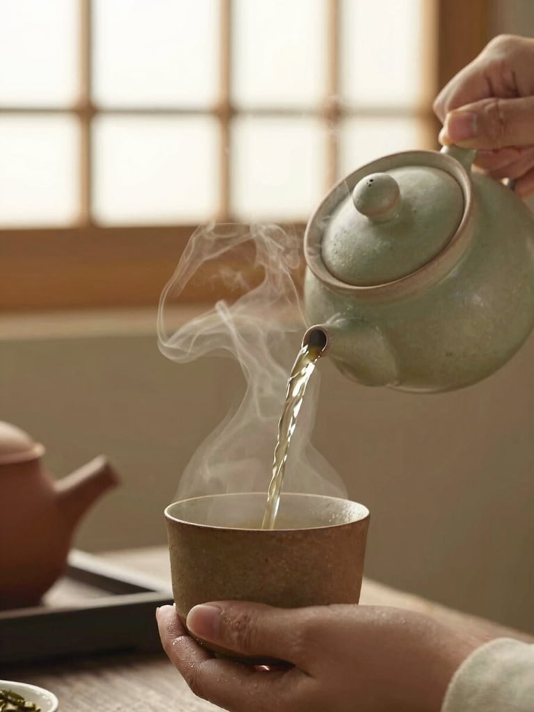 Close-up of hands gently pouring herbal tea from a ceramic teapot into a rustic clay mug, soft-focus steam rising, warm diffused golden-hour light.