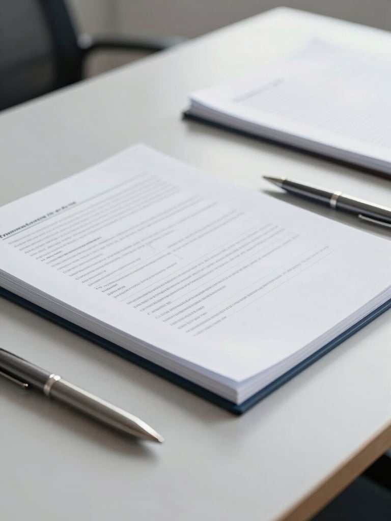 Sharp close-up of organized structured documents and a sleek pen on a clean slate gray desk, bright neutral office daylight, professional corporate setting