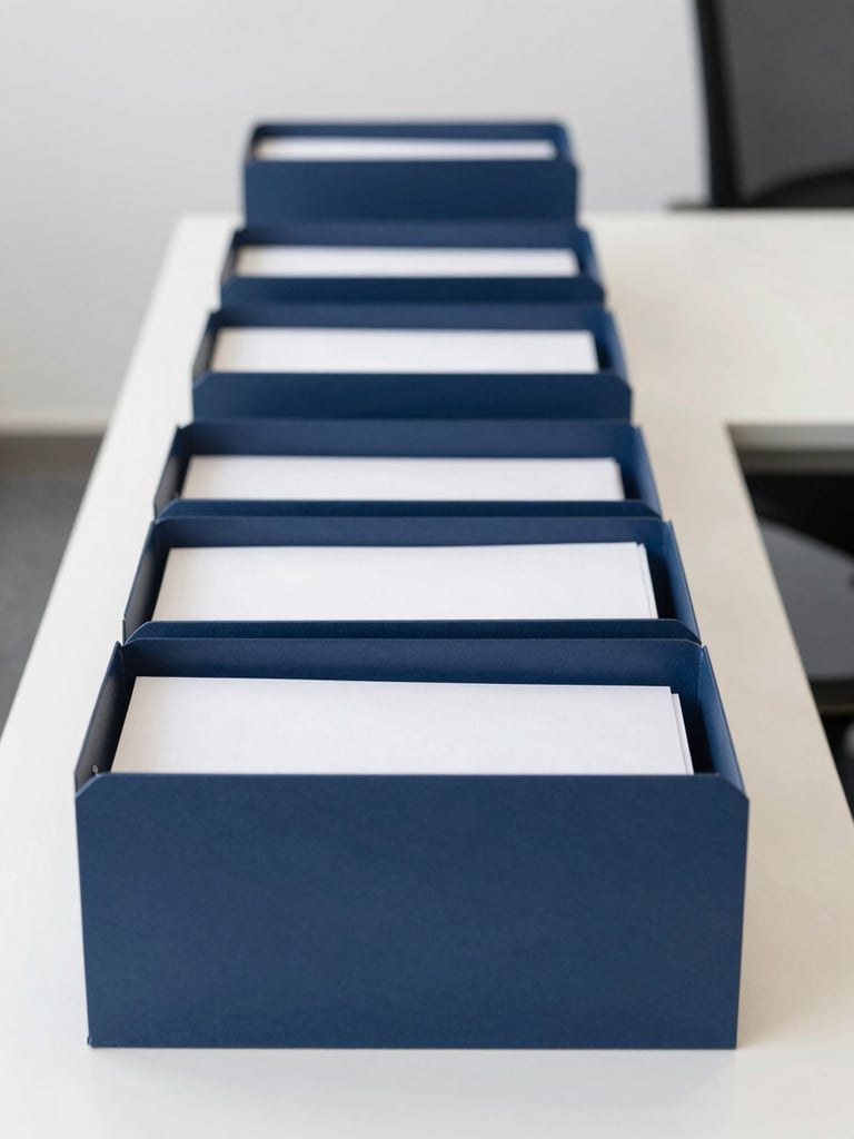 Straight-on architectural photo of a highly organized modern office desk, structured document folders, clean slate and navy blue tones, bright neutral daylight